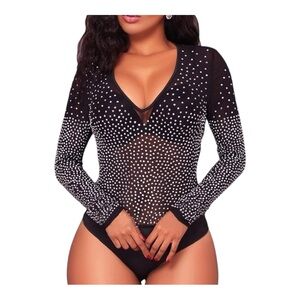 Women's Long Sleeve Stretchy Sheer Mesh Leotard Bodysuit Top Black Rhinestone L